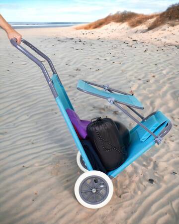 Leżak z daszkiem na kółkach wózek plażowy na plażę niebieski